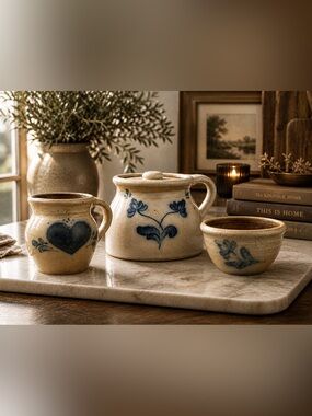 Artisan Stoneware Bowl Set Blue Floral Cottage Core Decor